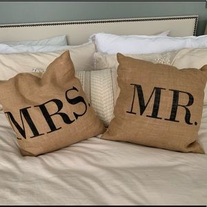 Mr & Mrs Burlap throw pillow